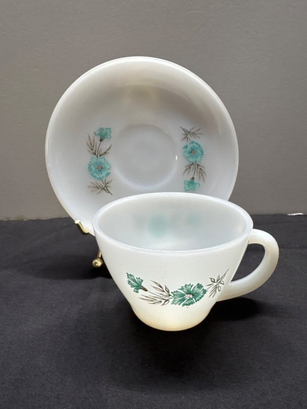 Fire-King Bonnie Blue Milk Glass Cup & Saucer Set Vintage Ovenware
